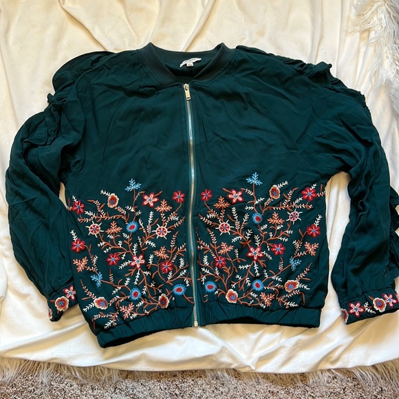 Umgee Ruffle Sleeve Embroidered Bomber Jacket - L - Picture 1 of 7